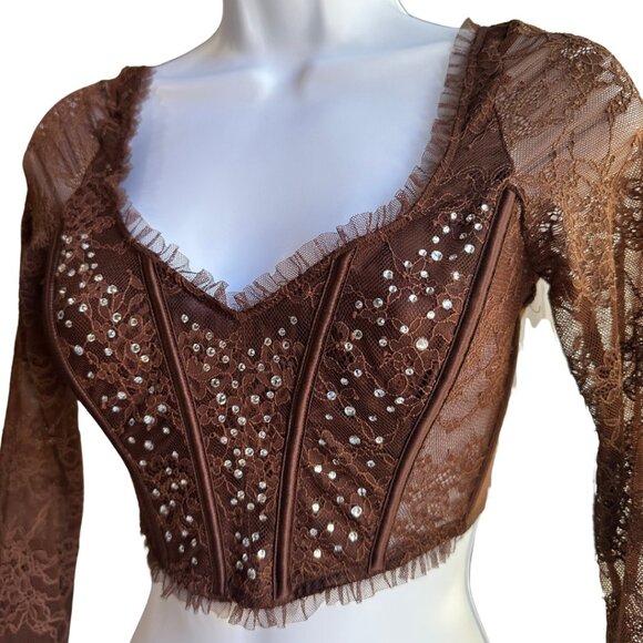 EUC! VS Dream Angels Brown Rhinestone Long Sleeve Corset Bra Top Size XS - Picture 3 of 13